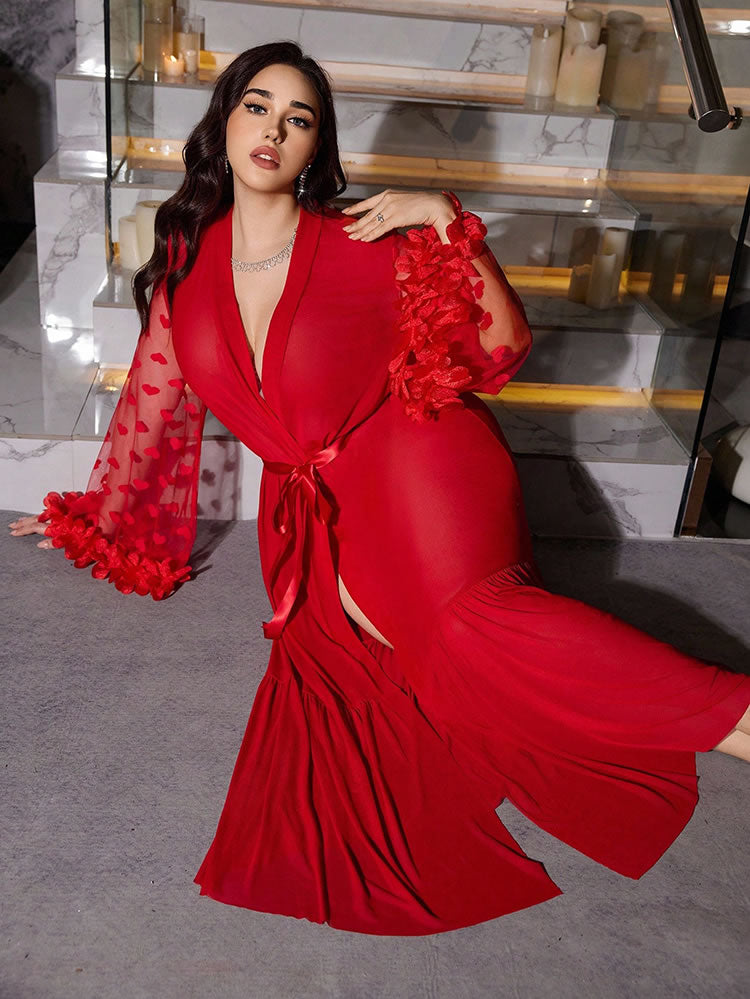 Plus Size Red Robe with Heart Applique Sleeves
