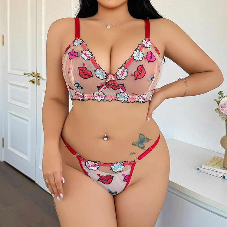 Playful Sheer Mesh Plus Size Set with Lip & Flower Embroidery