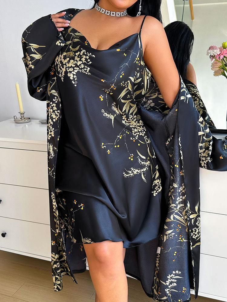 Plus Size Black Satin Slip & Floral Robe Set