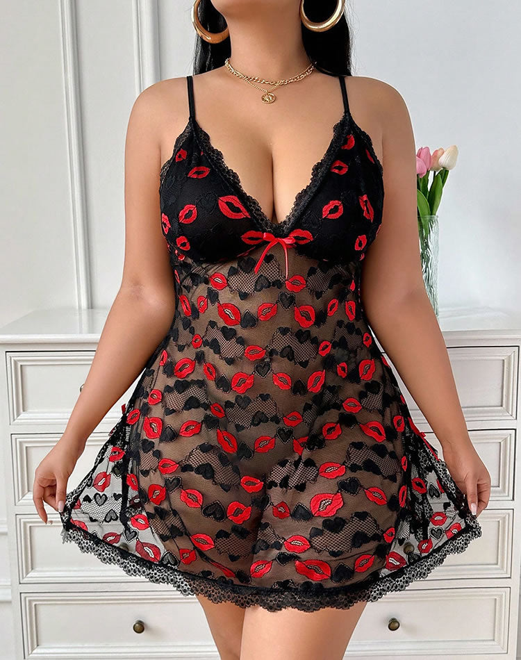 Plus Size Black Mesh Babydoll with Red Lip Print