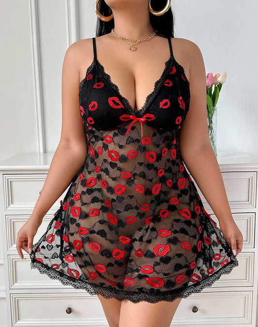 Plus Size Black Mesh Babydoll with Red Lip Print