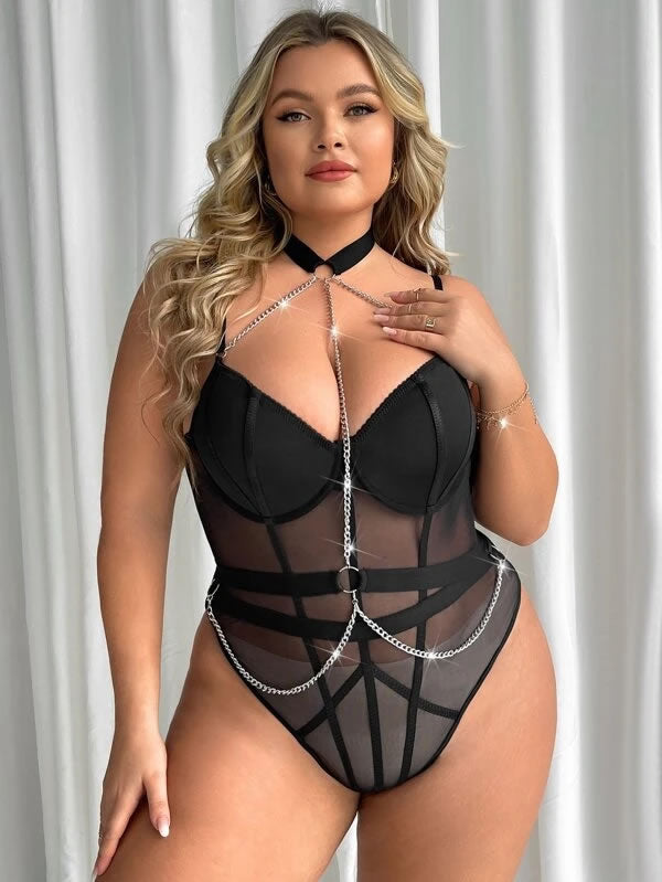 Plus Size Black Mesh Teddy with Chain Choker