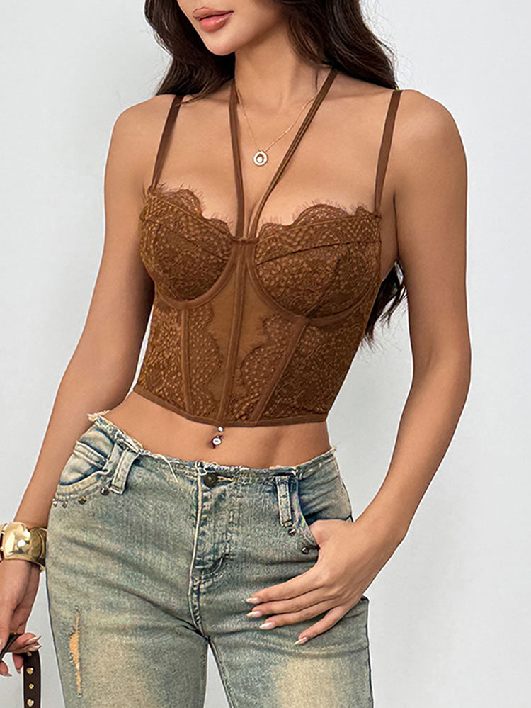 Mocha Lace Corset with Halter Neckline