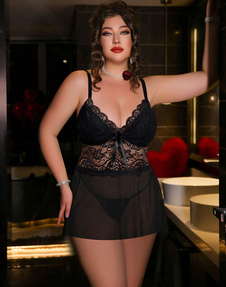 Plus Size Black Lace Babydoll with Sheer Skirt & Bow