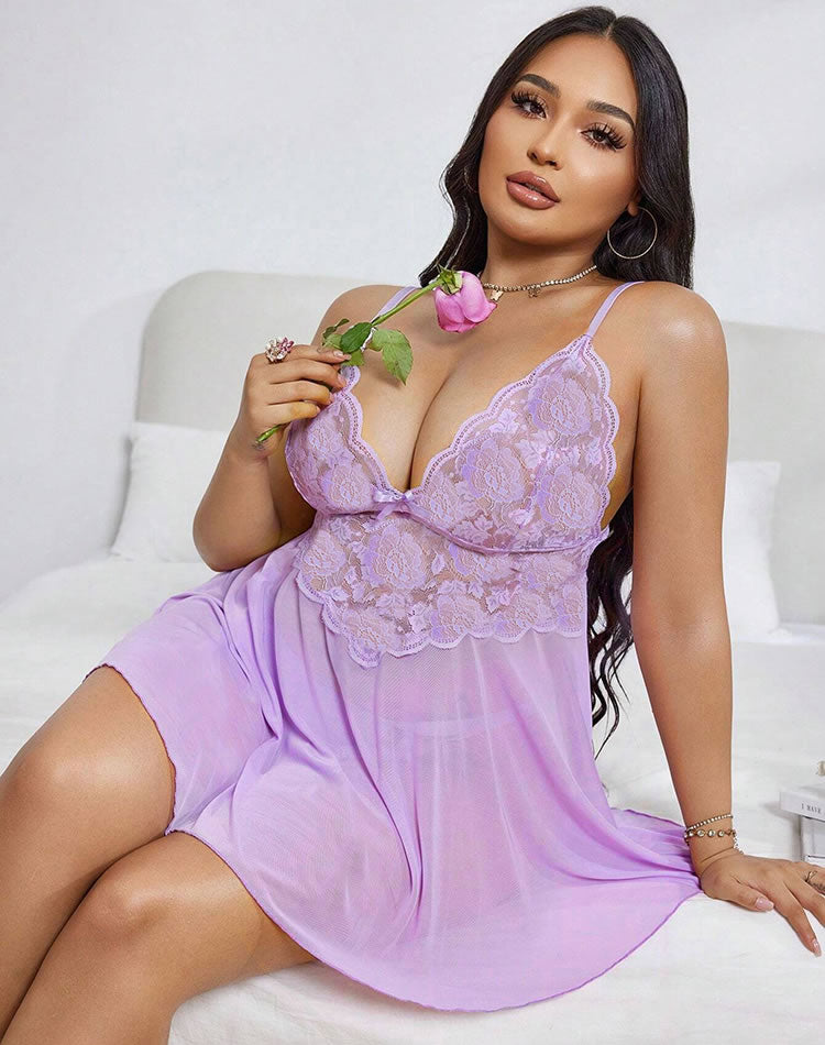 Plus Size Purple Lace Babydoll Set with G-String