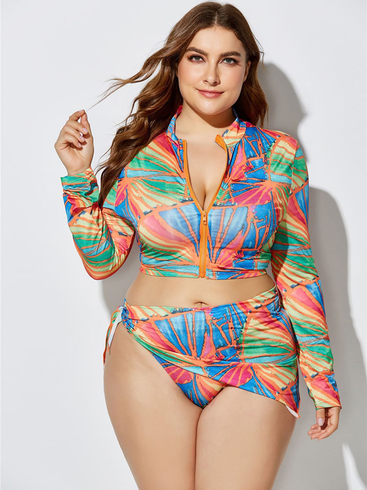 Plus Size Blue & Green Print Zip Front 3-Piece Tankini