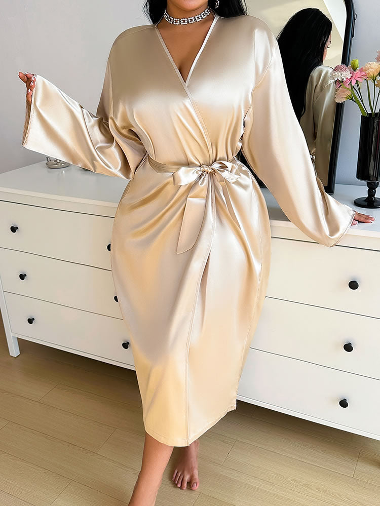Plus Size Champagne Satin Wrap Robe