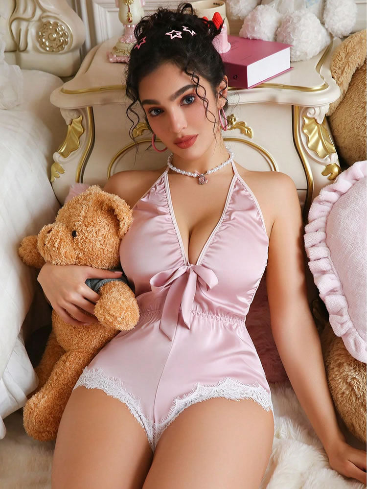 Pink Satin Halter Teddy with White Lace Trim