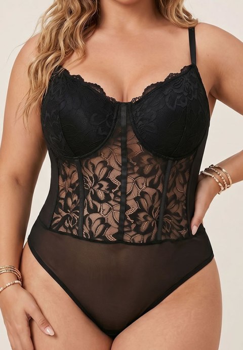 Plus Size Black Floral Lace Bodysuit with Sheer Mesh Panels