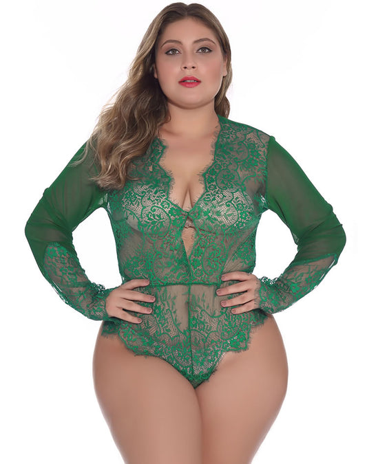 Plus Size Floral Lace Long-Sleeve Teddy