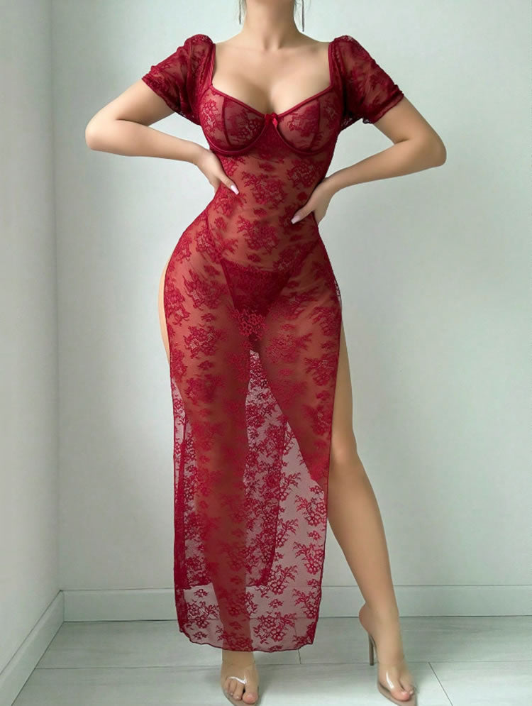 Burgundy Sheer Lace Maxi Dress with High Slit