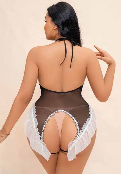 Plus Size Black Mesh Teddy with White Ruffles & Lace-Up Front