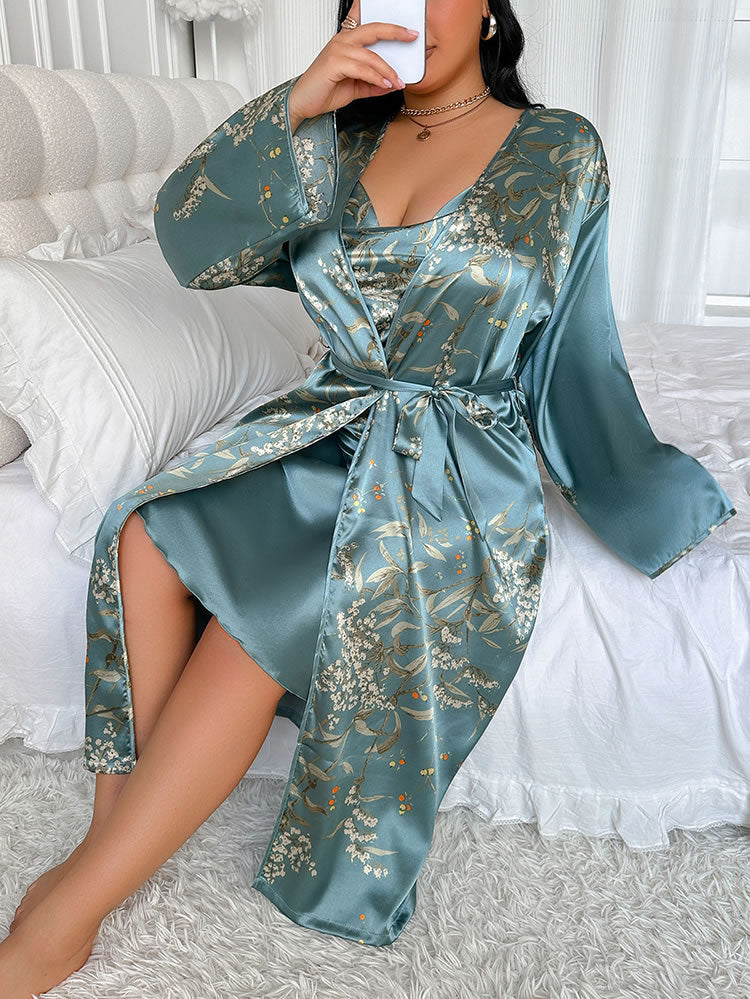 Plus Size Teal Satin Slip & Botanical Robe Set