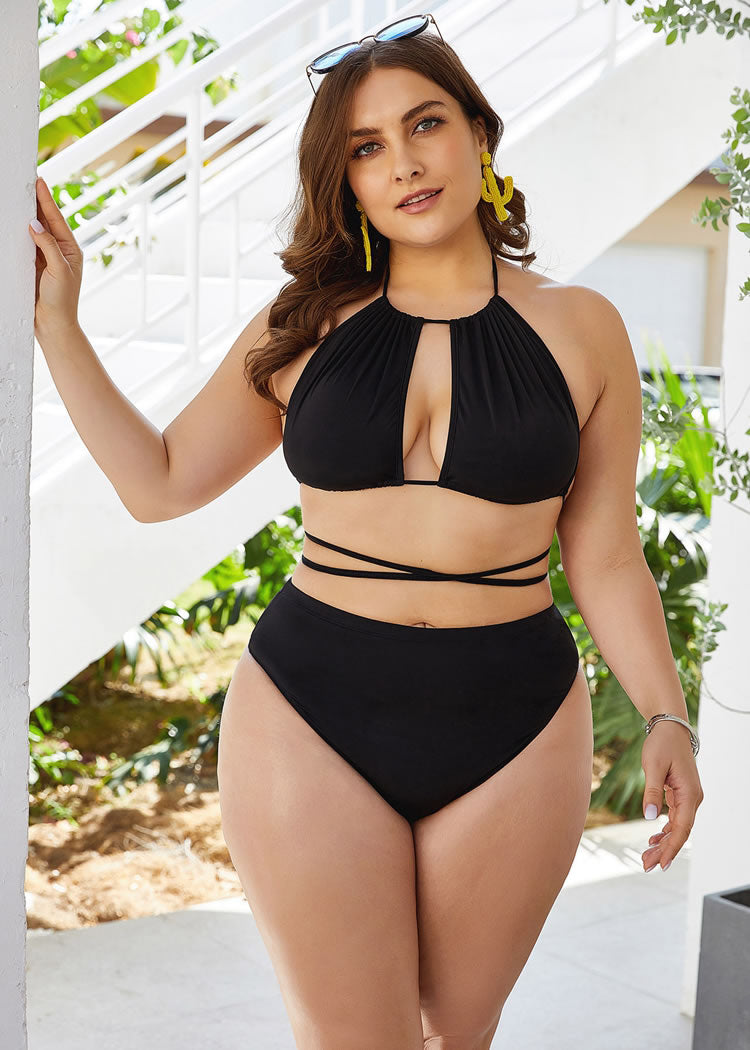 Plus Size Black Halter Strappy Bikini Set