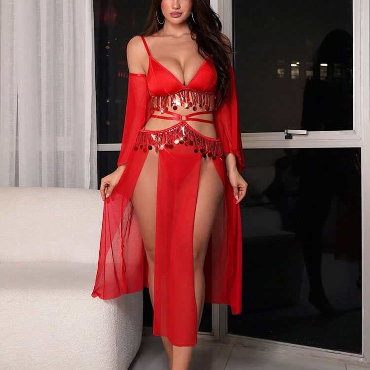 Red Sequin Fringe Bra, Thong & Robe Set