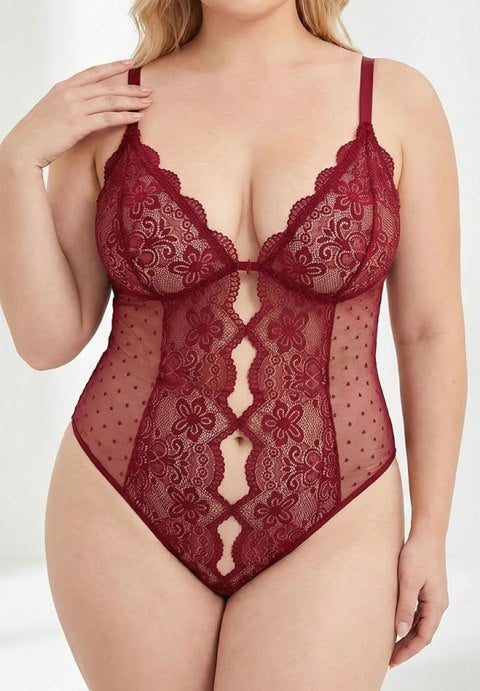 Plus Size Burgundy Lace Bodysuit with Keyhole Cutout