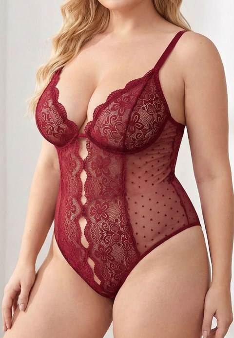 Plus Size Burgundy Lace Bodysuit with Keyhole Cutout