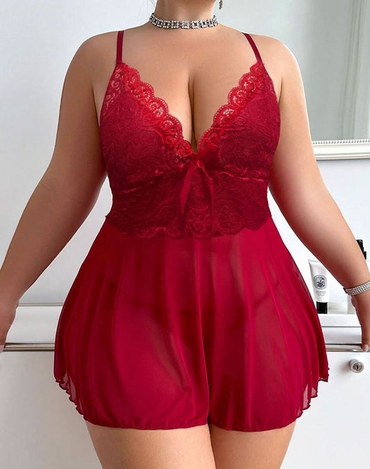 Plus Size Burgundy Lace Babydoll Set with G-String