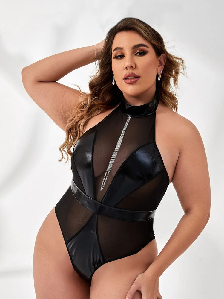 Plus Size Black Wet-Look & Mesh Teddy with Chain
