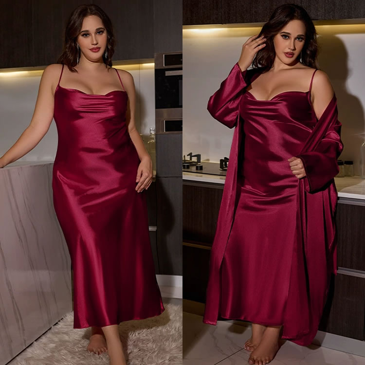 Plus Size Burgundy Satin Robe & Slip Set