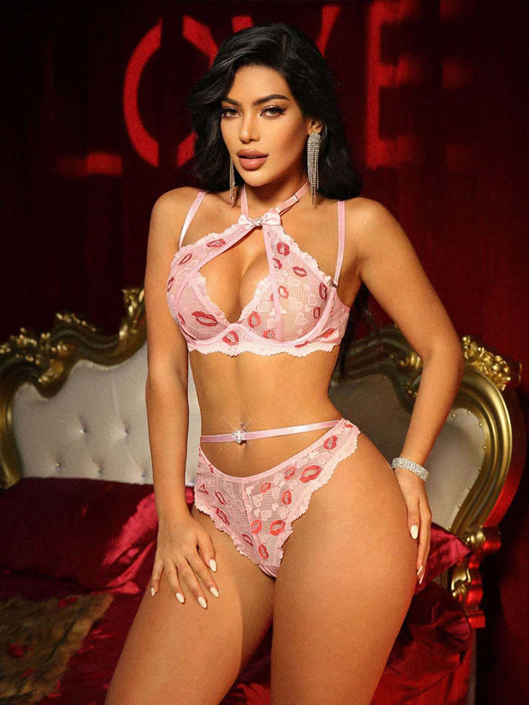 White Lip Print Halter Bra & Heart Charm Thong Set