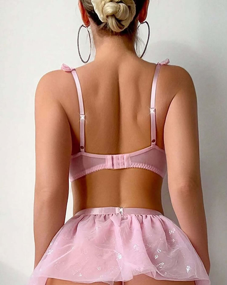 Pink Ruffle Bralette & Heart Tulle Skirt Set