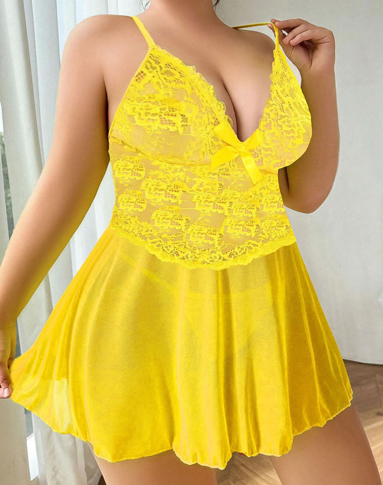 Plus Size Yellow Lace Babydoll Set with Satin Bows