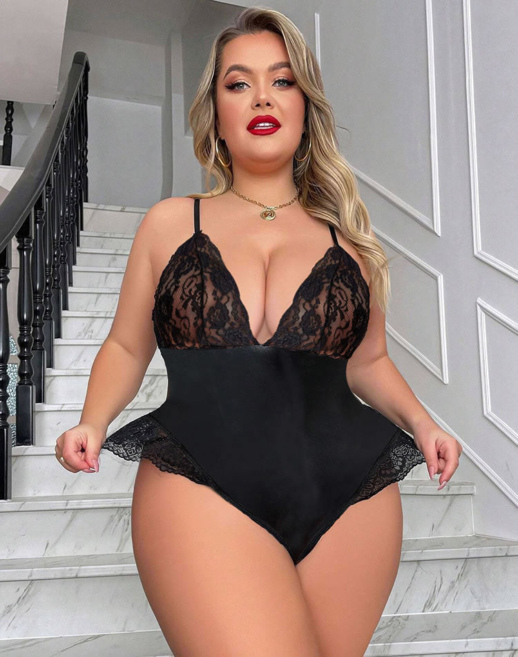 Plus Size Black Faux Leather Teddy with Sheer Lace Cups