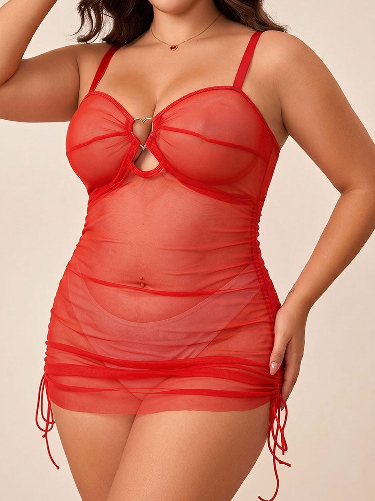 Plus Size Red Sheer Mesh Chemise with Heart Cutout