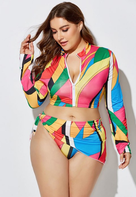 Plus Size Yellow Print Long Sleeve 3-Piece Swimsuit
