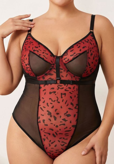 Plus Size Red Leopard Print Sheer Mesh Teddy