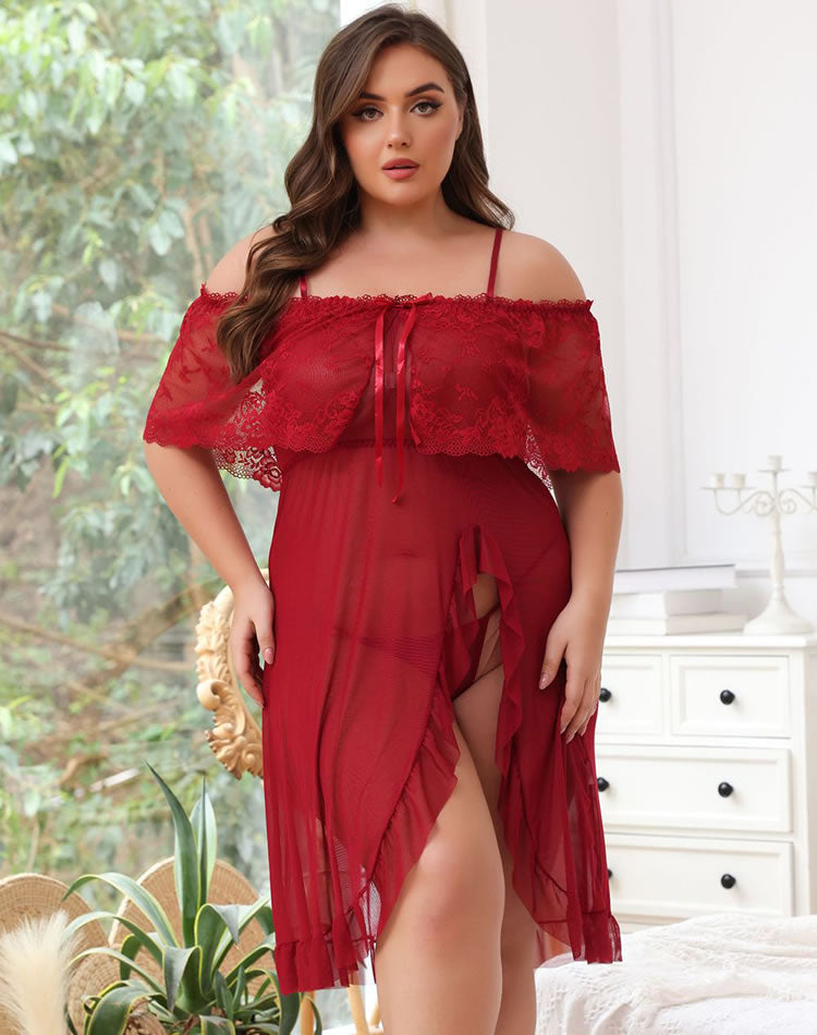 Plus Size Off-the-Shoulder Lace Chemise with High Slit
