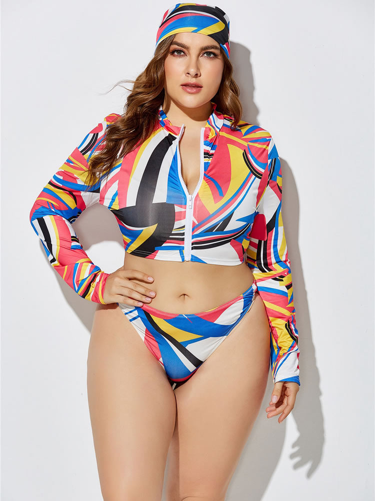 Plus Size Blue & Red Print Long Sleeve 3-Piece Swimsuit