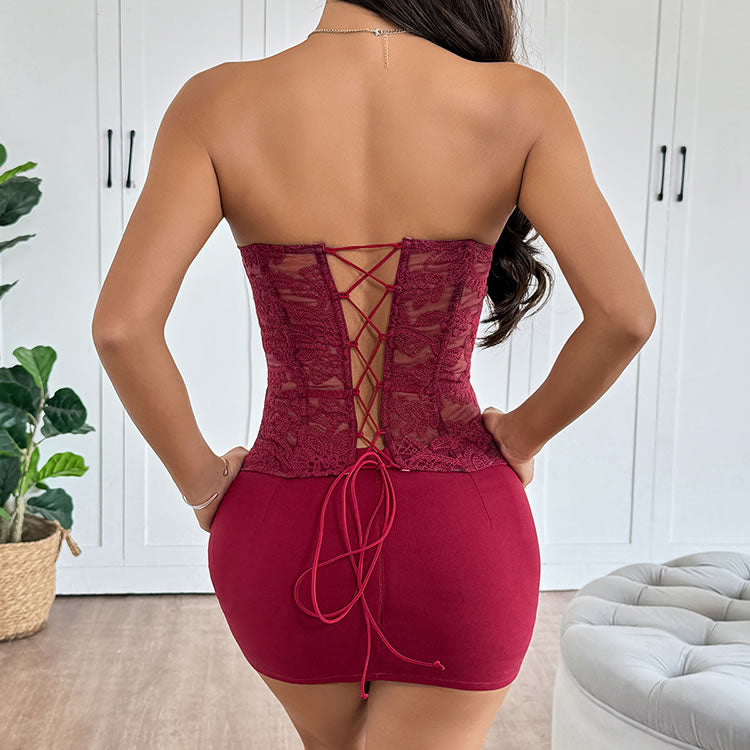 Lace Strapless Corset Top with Front Buttons