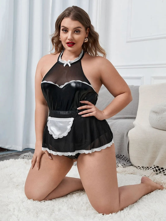 Plus Size Leatherette French Maid Costume with Sheer Apron