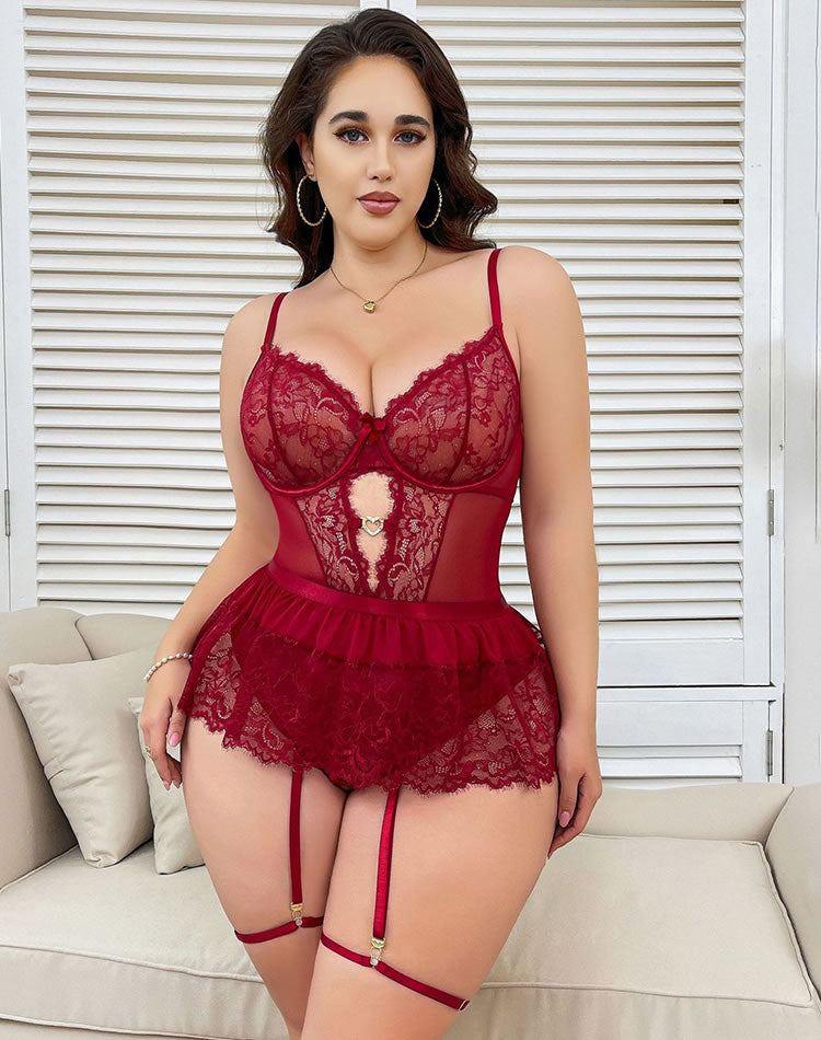 Plus Size Burgundy Lace Teddy Set