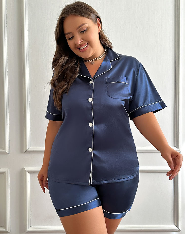 Plus Size Navy Blue Satin Pajama Set with White Piping