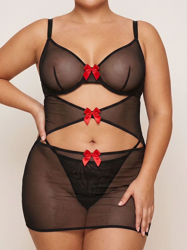 Plus Size Sheer Mesh Chemise Set with Red Bows