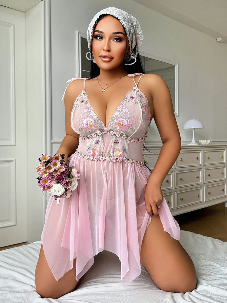 Plus Size Pink Floral Embroidered Nightgown with Tie Straps