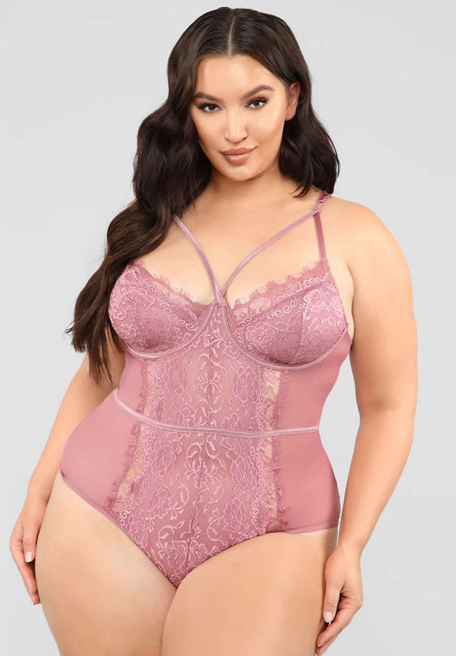 Plus Size Pink Strappy Scalloped Lace Teddy