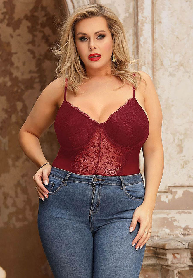 Plus Size Burgundy Lace Underwire Teddy