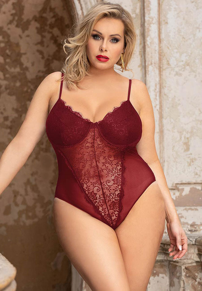 Plus Size Burgundy Lace Underwire Teddy