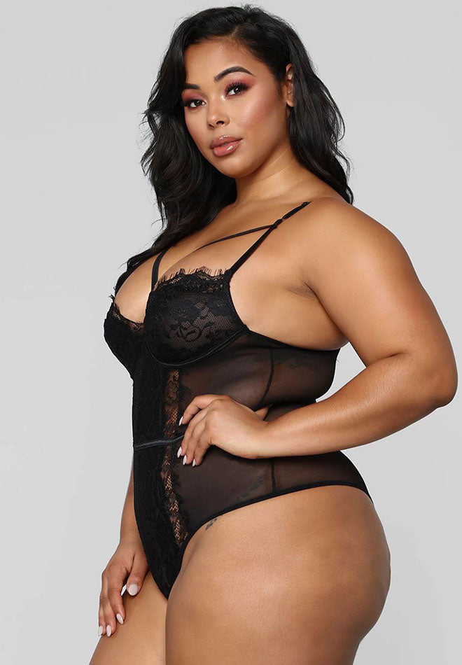 Plus Size Black Strappy Scalloped Lace Teddy
