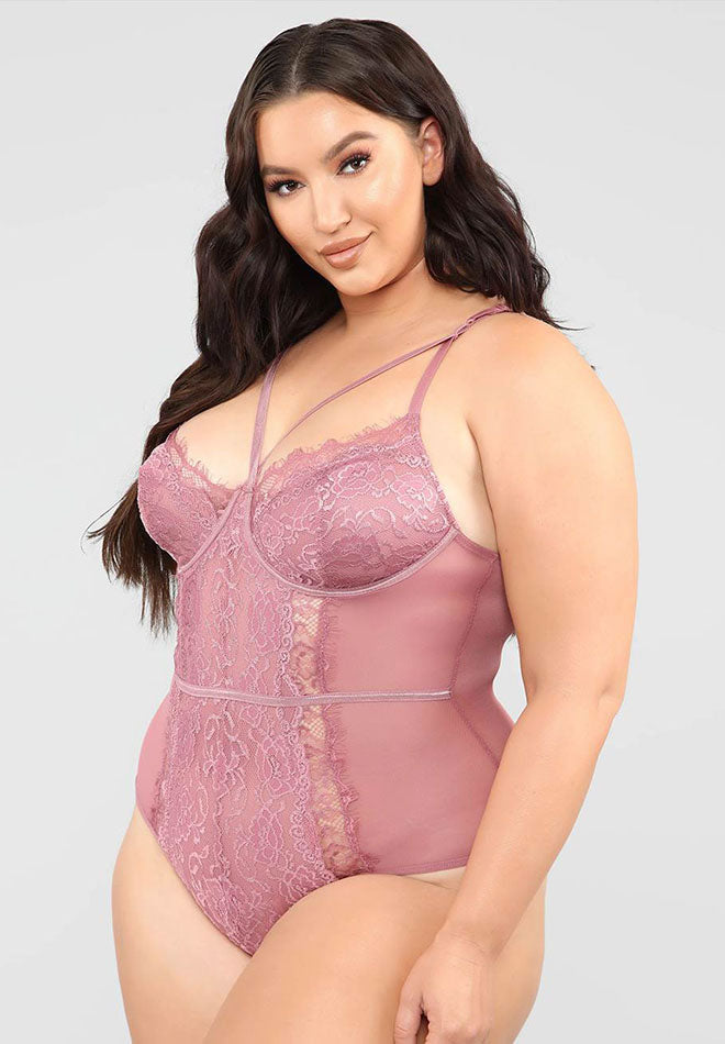 Plus Size Pink Strappy Scalloped Lace Teddy