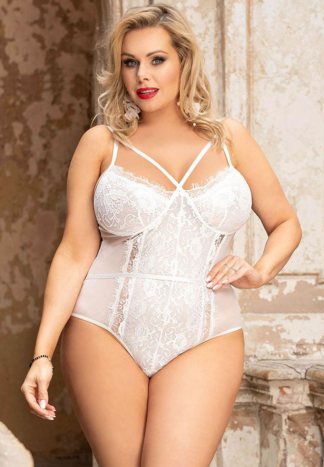Plus Size White Strappy Scalloped Lace Teddy