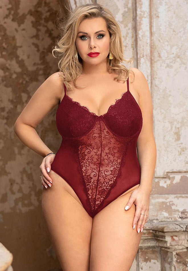 Plus Size Burgundy Lace Underwire Teddy