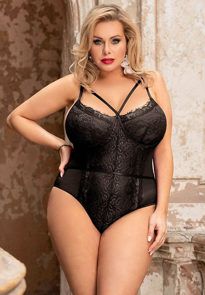 Plus Size Black Strappy Scalloped Lace Teddy