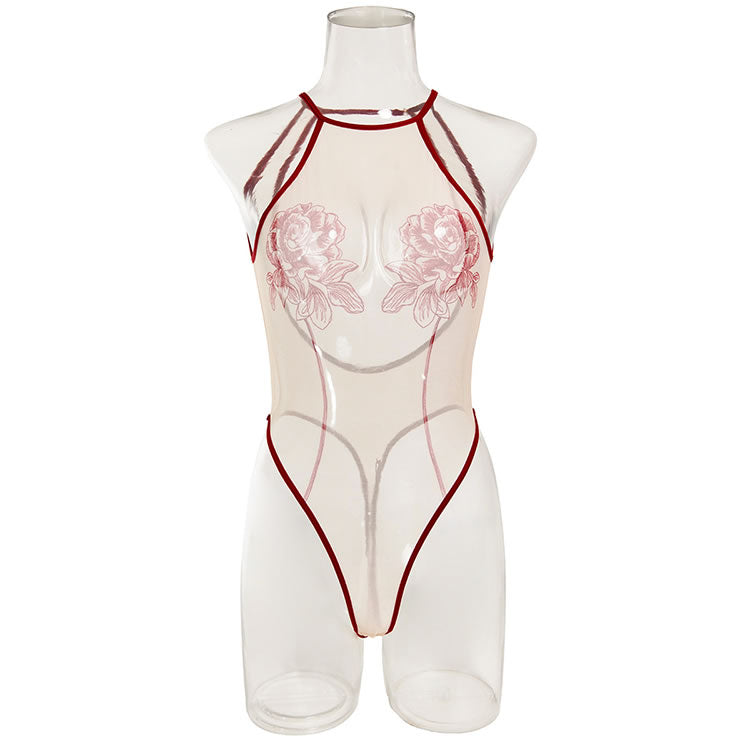 Sheer Halter Bodysuit with Floral Embroidery & Contrast Piping