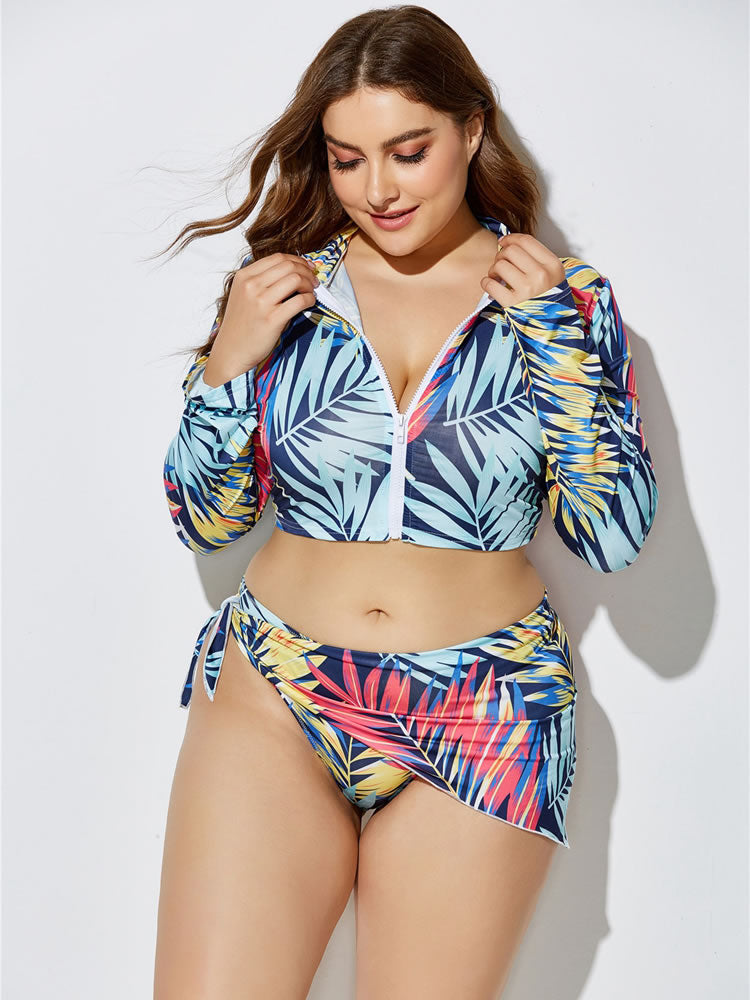 Plus Size Light Blue Print Zip Front 3-Piece Tankini