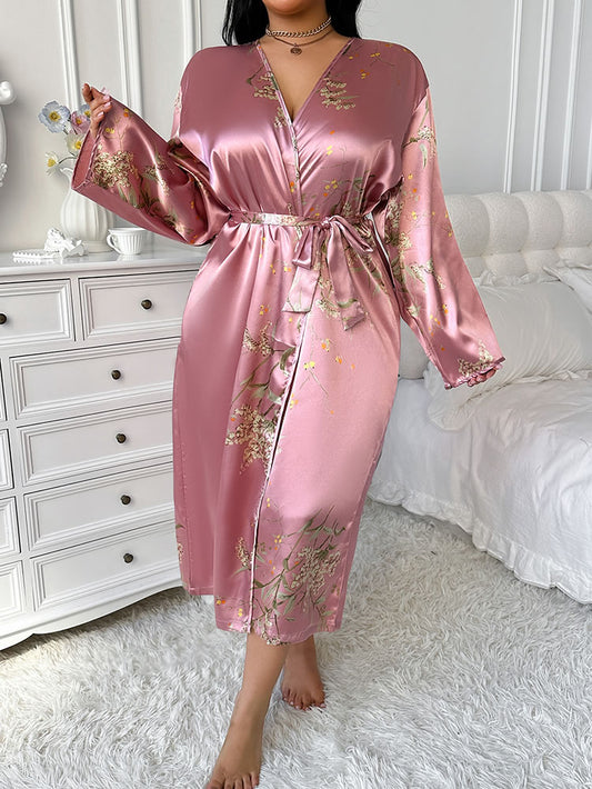 Plus Size Pink Floral Wide Sleeve Robe